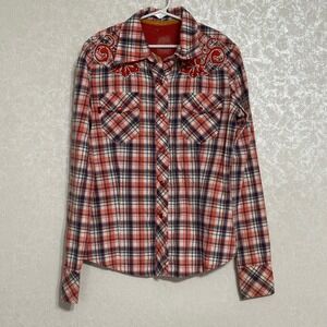 Vigoss Western Rodeo Plaid Embroidered Long Sleeve Button Snap Up Fitted Shirt S